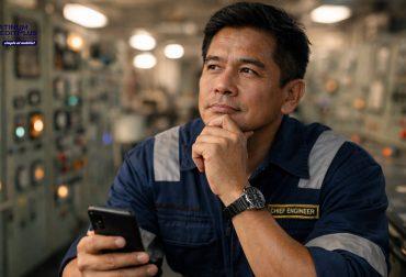 Filipino seafarer on a ship checking seaman loan application on phone with documents and calculator on table