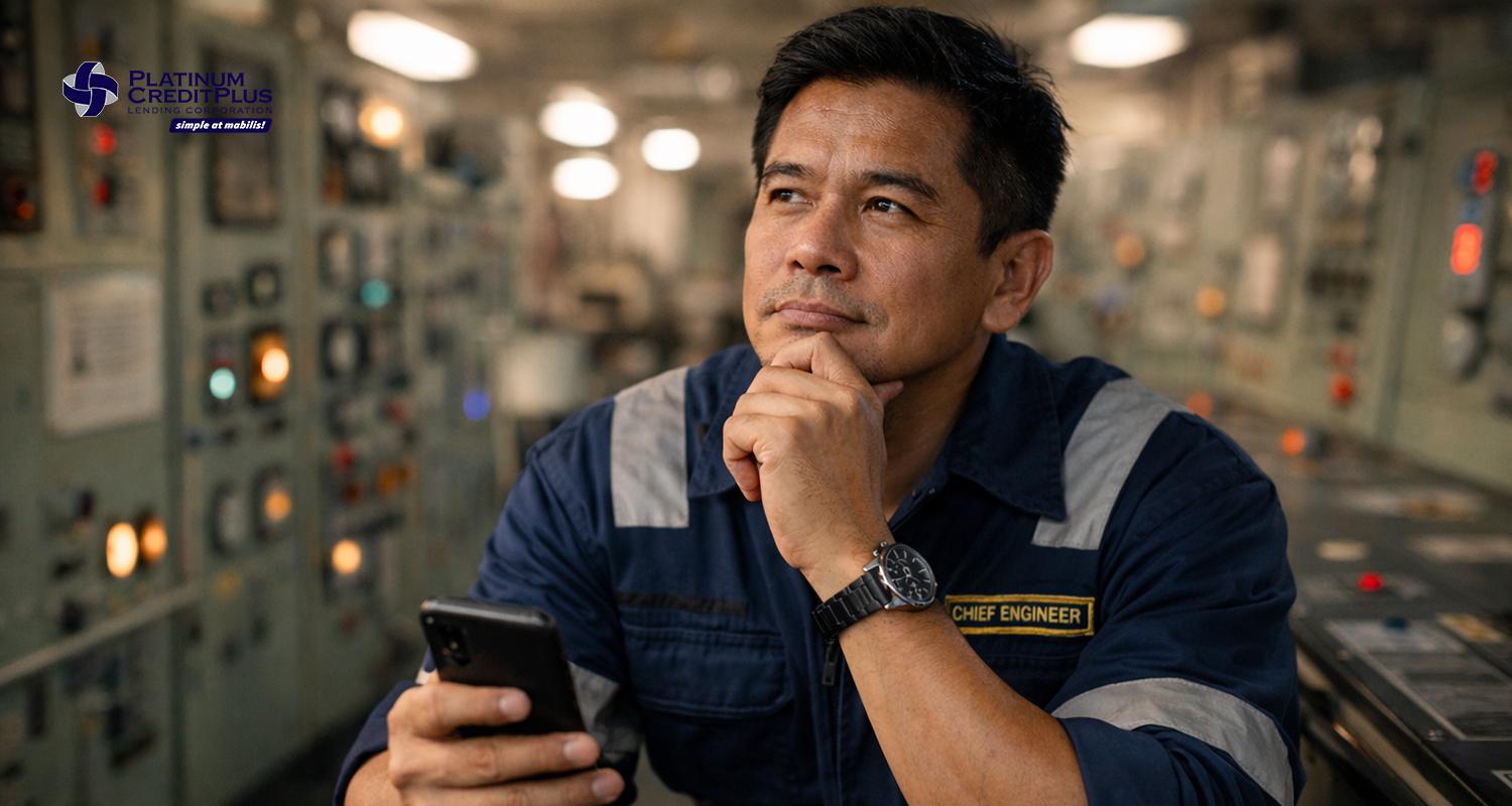 Filipino seafarer on a ship checking seaman loan application on phone with documents and calculator on table