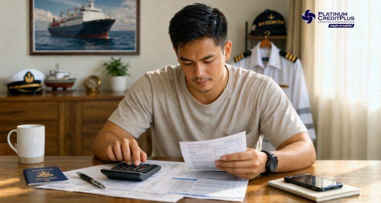 Filipino seafarer reviewing seaman loan amount documents and calculating finances before deployment in the Philippines