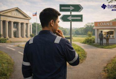 Filipino seafarer in uniform standing at a crossroads choosing between Seaman Loan vs Personal Loan Philippines options